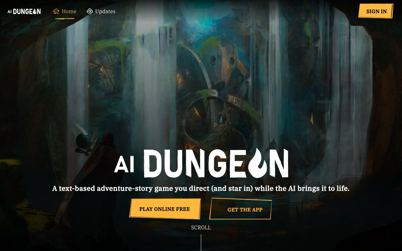 Первый экран AI Dungeon: надпись AI Dungeon, описание на английском и кнопки PLAY ONLINE FREE и GET THE APP