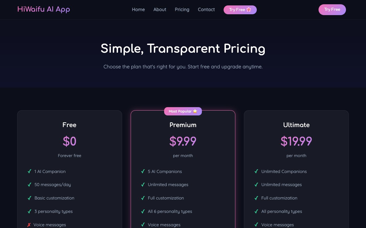 Страница тарифов hiwaifu.run: три плана Free за 0 долларов, Premium за 9,99 и Ultimate за 19,99 в месяц