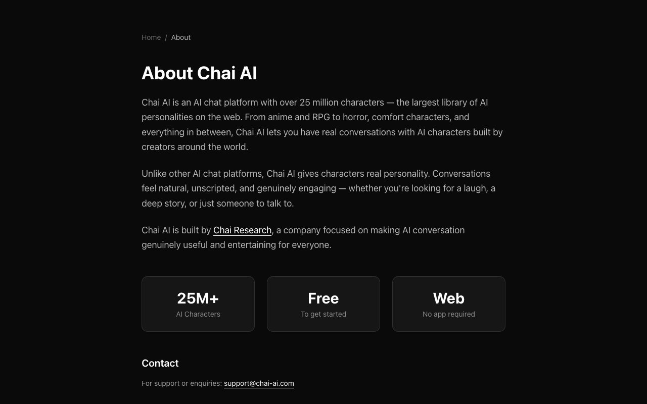 Страница About на chai-ai.com: 25M+ AI Characters, Free to get started, Web — No app required